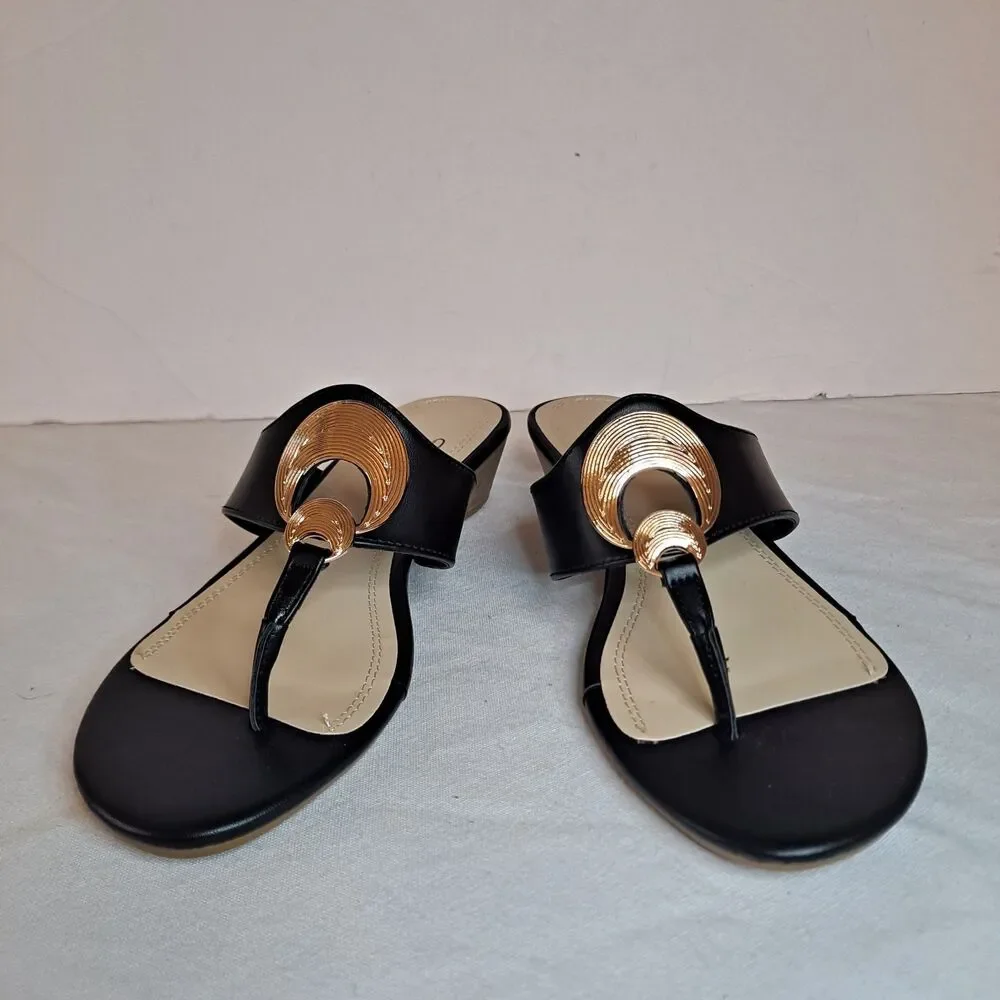 Impo Ronette Slide Sandals Women's 7.5 Black Gold Circle Cork Wedge Heel